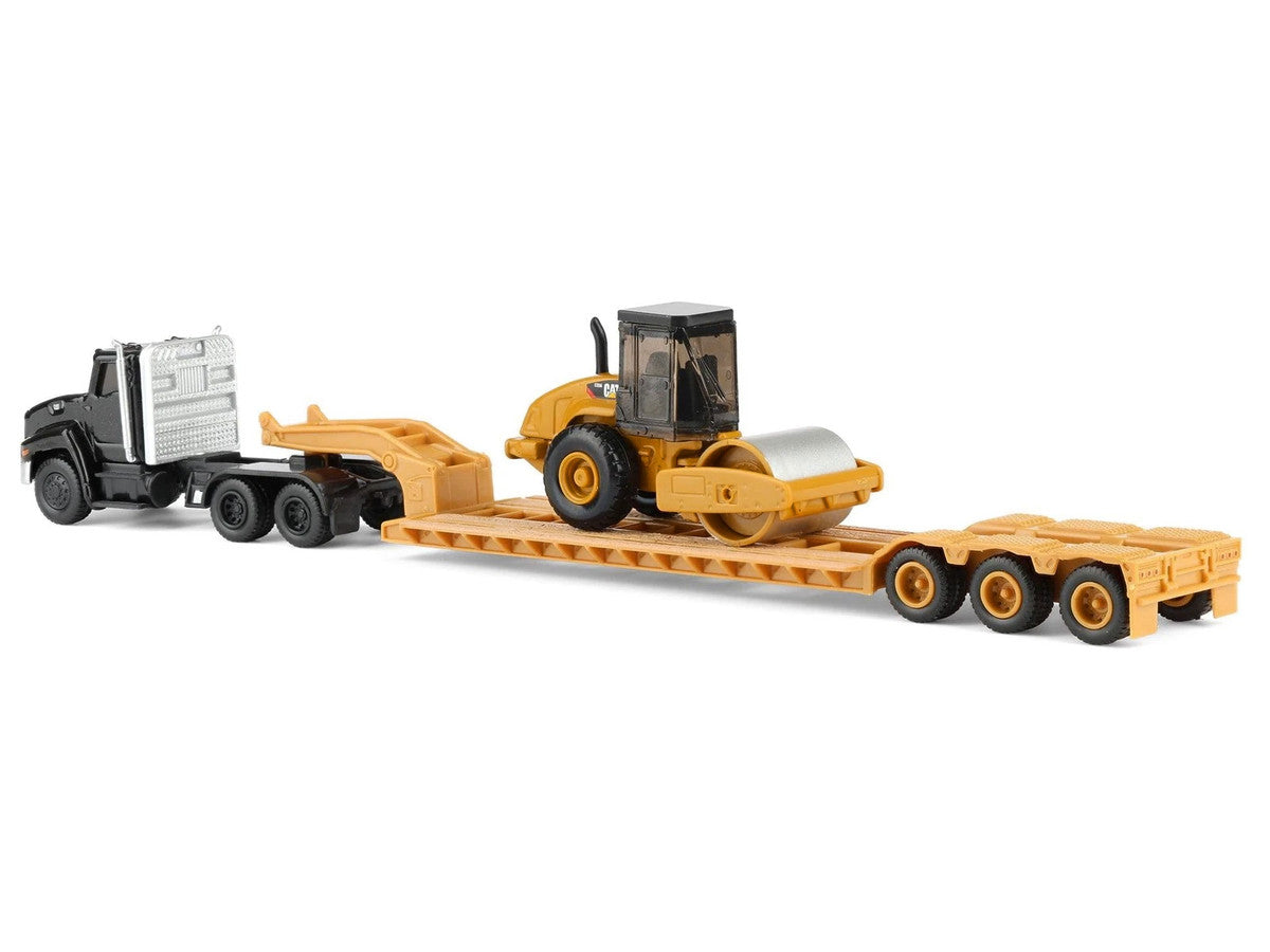 Kenworth T880 Tractor Black with Lowboy Trailer and CAT Roller Yellow 1/87 (HO) Diecast Model by Diecast Masters by Diecast Masters