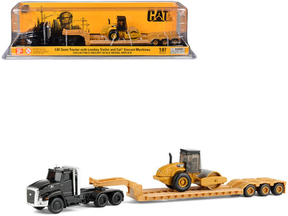 Kenworth T880 Tractor Black with Lowboy Trailer and CAT Roller Yellow 1/87 (HO) Diecast Model by Diecast Masters by Diecast Masters