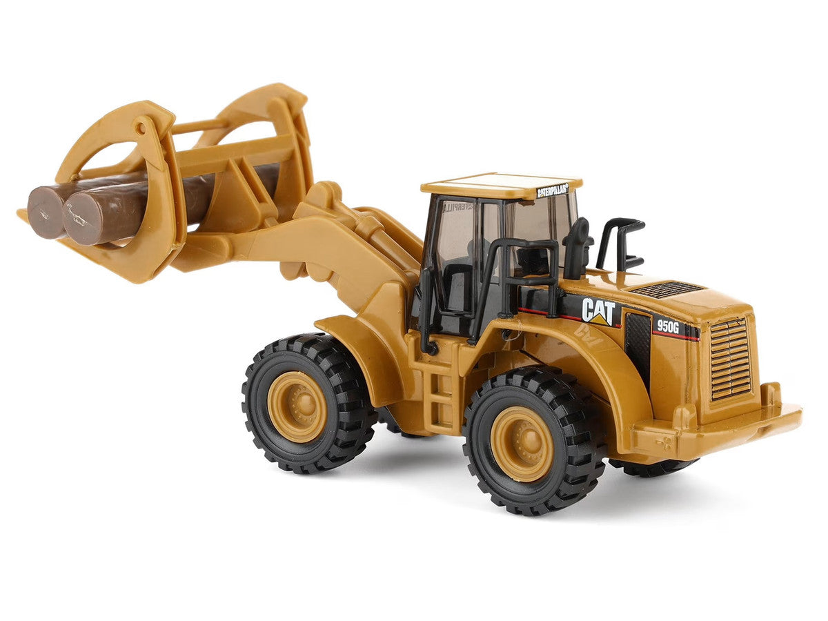 CAT Caterpillar 950G Wheel Loader Yellow with Log Fork and Wood Log Accessories 1/87 (HO) Diecast Model by Diecast Masters by Diecast Masters