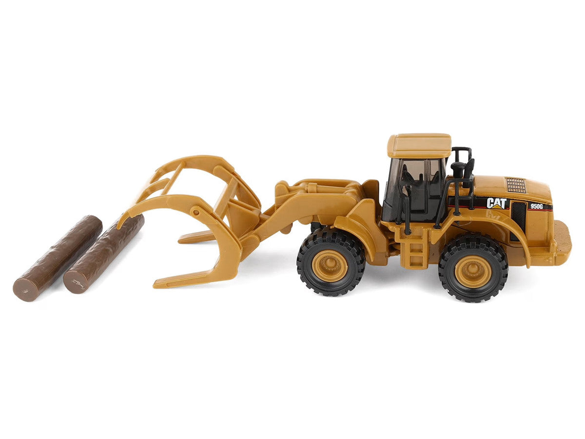 CAT Caterpillar 950G Wheel Loader Yellow with Log Fork and Wood Log Accessories 1/87 (HO) Diecast Model by Diecast Masters by Diecast Masters