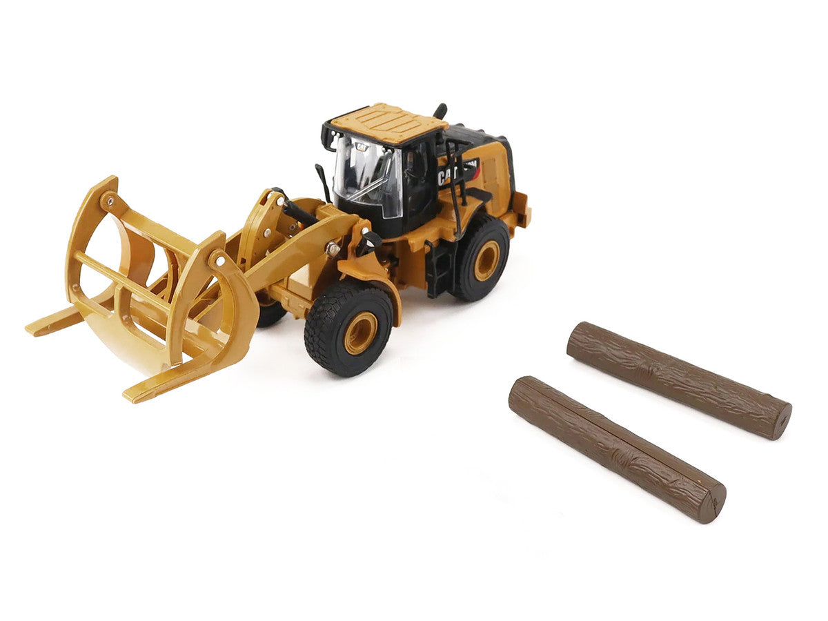 CAT Caterpillar 950M Wheel Loader Yellow with Log fork and Wood Log 1/64 Diecast Model by Diecast Master-1