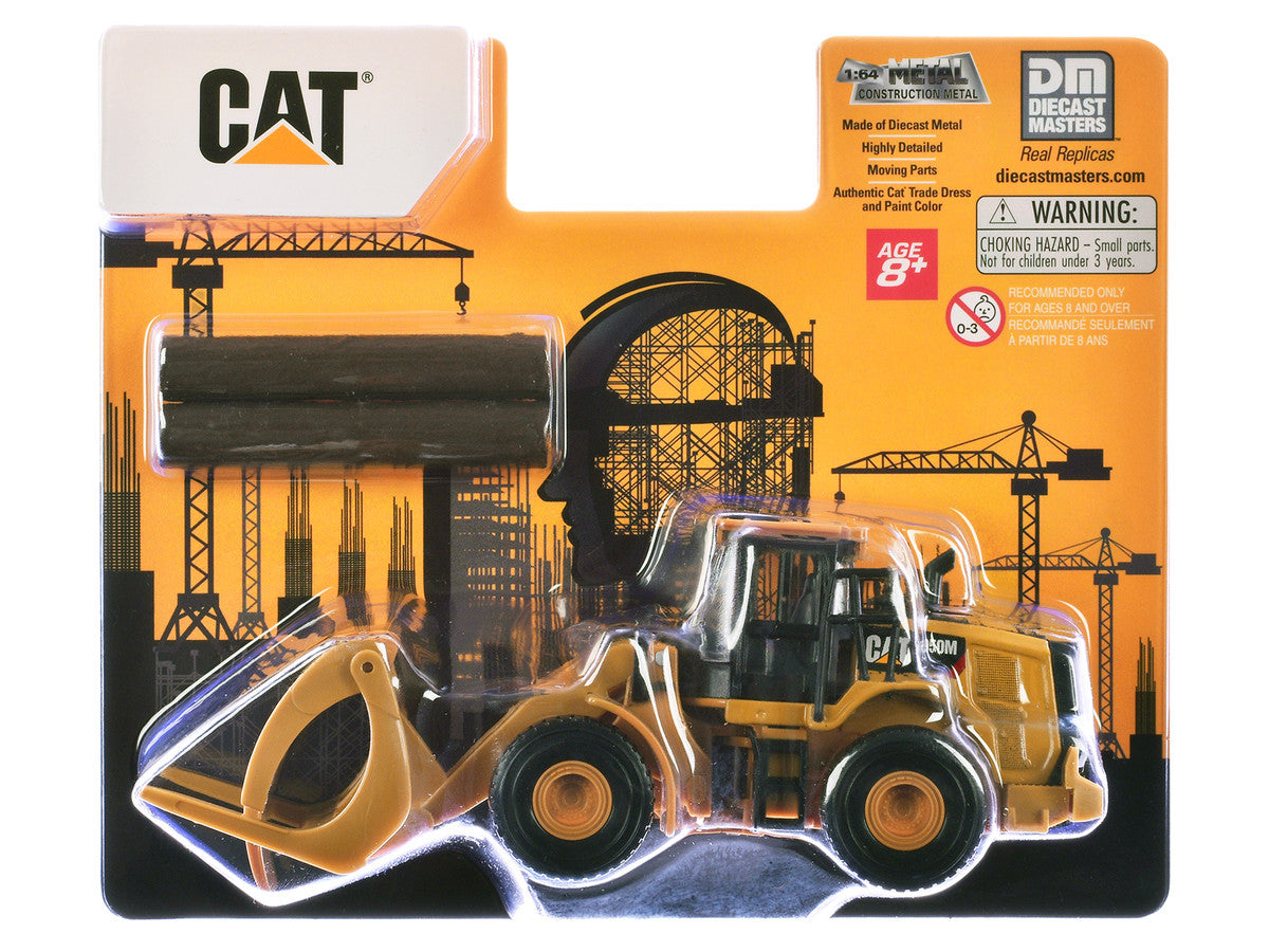 CAT Caterpillar 950M Wheel Loader Yellow with Log fork and Wood Log 1/64 Diecast Model by Diecast Master-2