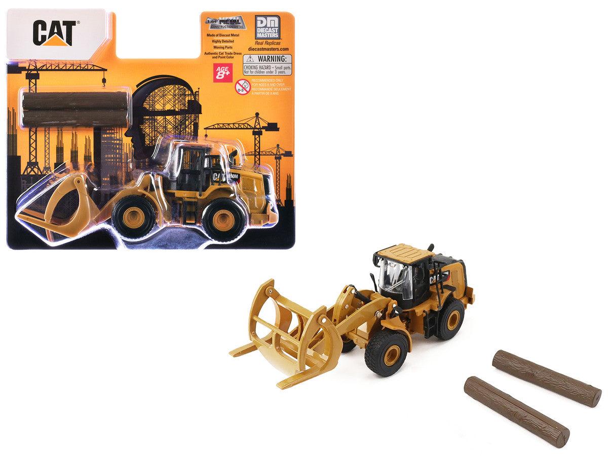CAT Caterpillar 950M Wheel Loader Yellow with Log fork and Wood Log 1/64 Diecast Model by Diecast Master-0