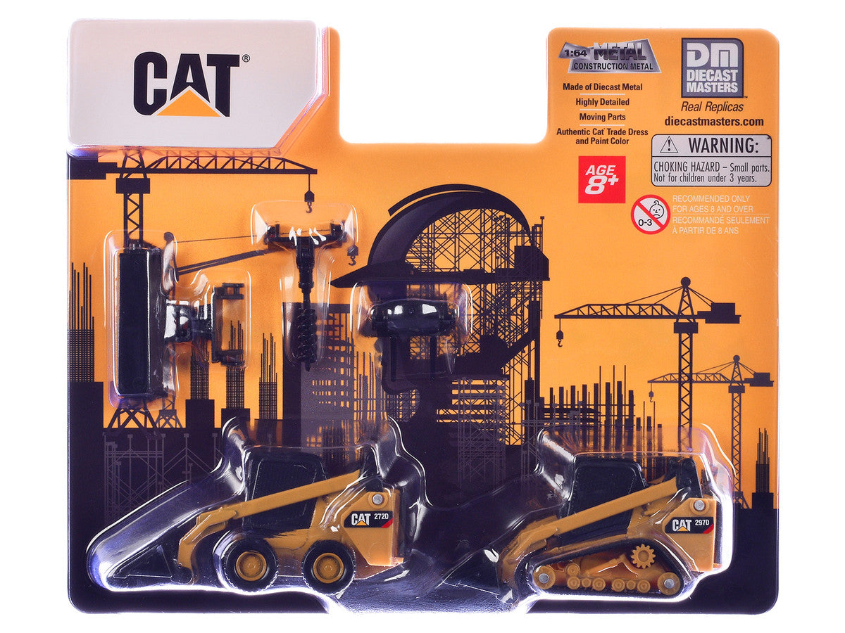 CAT Caterpillar 272D Skid Steer Loader and 297D Compact Track Loader with Interchangeable Attachment Yellow 1/64 Diecast Model by Diecast Master-0