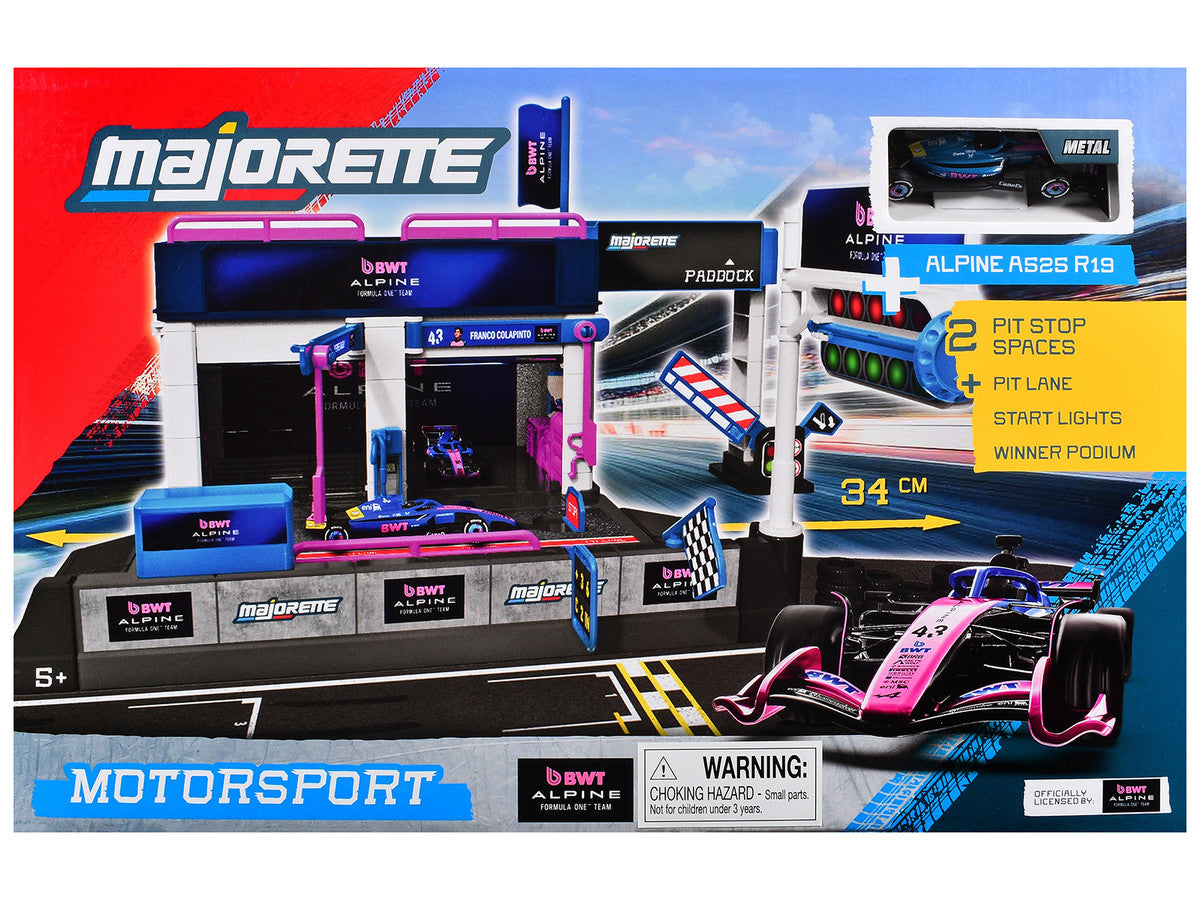 "BWT Alpine Formula One Team" (2025) Pit Stop Playset with Alpine A525 R19 1/64 Diecast Model Car by Majorette-2
