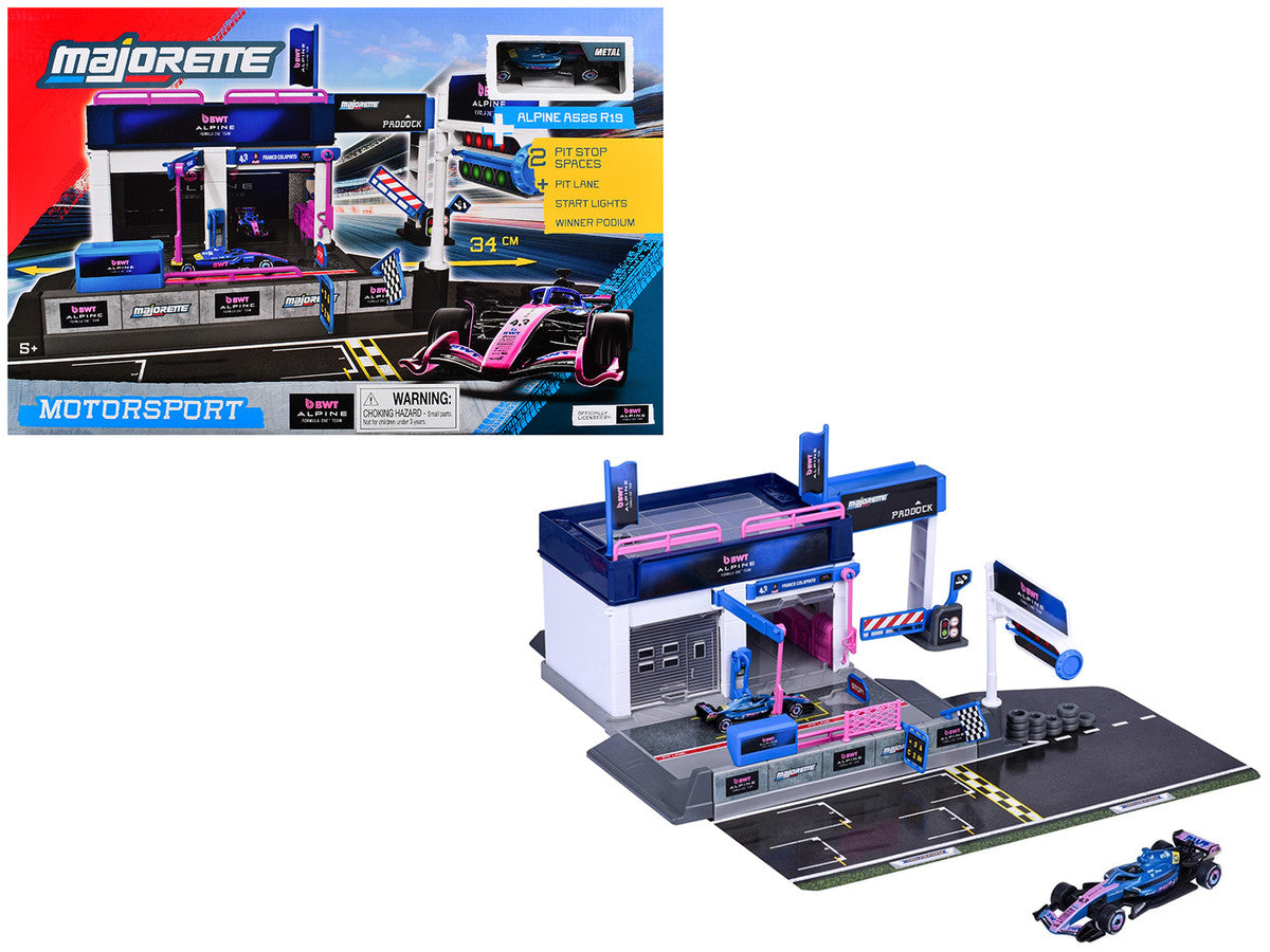 "BWT Alpine Formula One Team" (2025) Pit Stop Playset with Alpine A525 R19 1/64 Diecast Model Car by Majorette-0