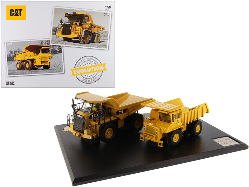 CAT Caterpillar 769 Off-Highway Truck (1963-2006) and CAT Caterpillar 770 Off-Highway Truck (2007-Present) with Operators "Evolution Series" Set of 2 pieces 1/50 Diecast Models by Diecast Masters by Diecast Masters