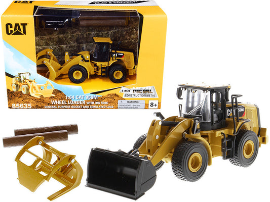 CAT Caterpillar 950M Wheel Loader with Bucket and Log Fork with Two Log Poles "Play & Collect!" 1/64 Diecast Model by Diecast Masters by Diecast Masters
