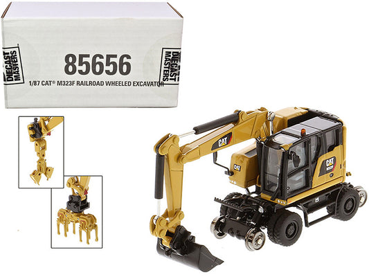 CAT Caterpillar M323F Railroad Wheeled Excavator with 3 Accessories (CAT Yellow Version) "High Line" Series 1/87 (HO) Scale Diecast Model by Diecast Masters by Diecast Masters