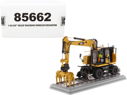 CAT Caterpillar M323F Railroad Wheeled Excavator with Operator and 3 Work Tools (CAT Yellow Version) "High Line Series" 1/50 Diecast Model by Diecast Masters by Diecast Masters