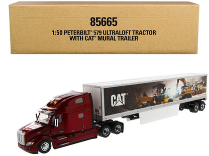 Peterbilt 579 UltraLoft Truck Tractor Red with "CAT Caterpillar" Mural Dry Van Trailer "Transport Series" 1/50 Diecast Model by Diecast Masters by Diecast Masters