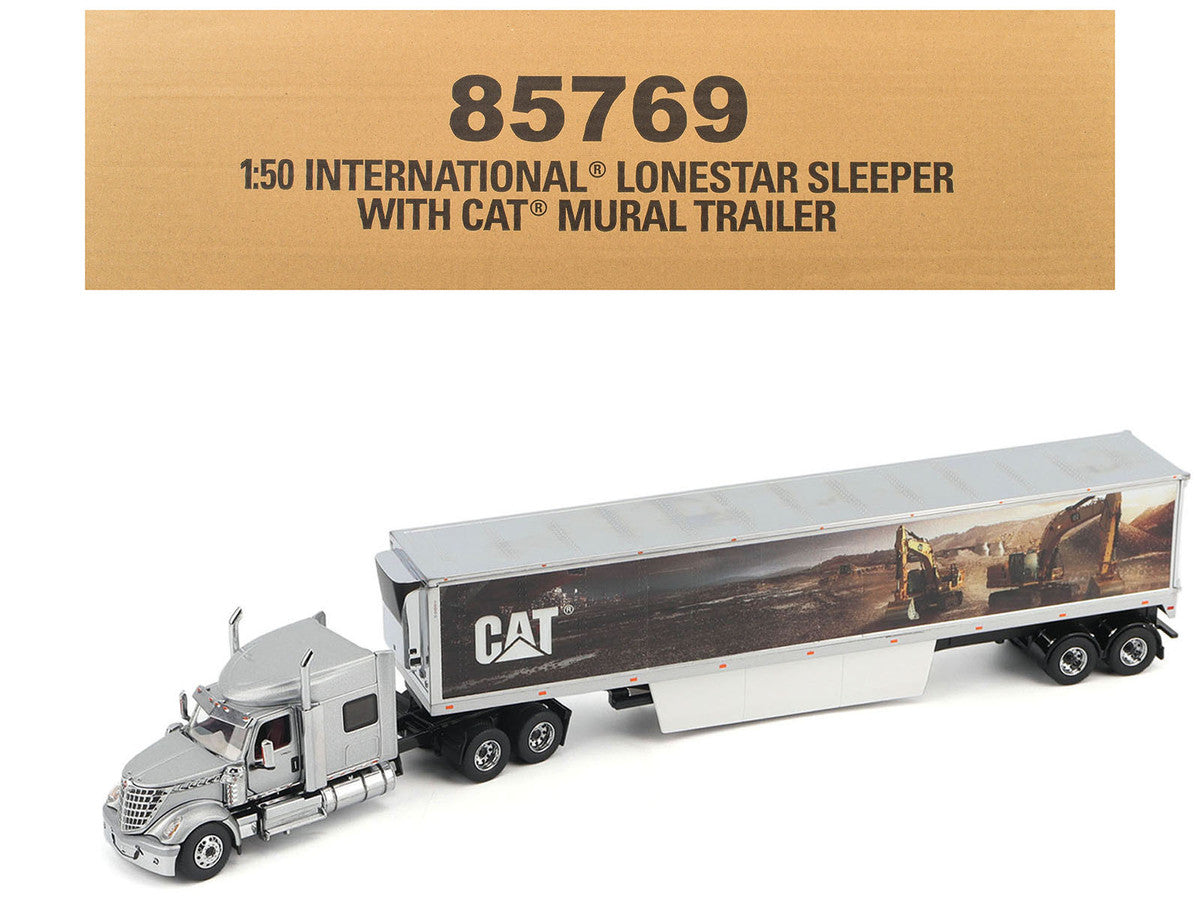 International Lonestar Truck with Sleeper Silver Metallic with "CAT Caterpillar" Mural Trailer "Transport Series" 1/50 Diecast Model by Diecast Masters by Diecast Masters