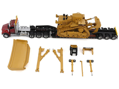 Kenworth T880 Day Cab Red and Trail King TK120 Lowboy Trailer with CAT Caterpillar D11R Dozer and Components Load "Transport Series" 1/50 Diecast Model by Diecast Masters by Diecast Masters