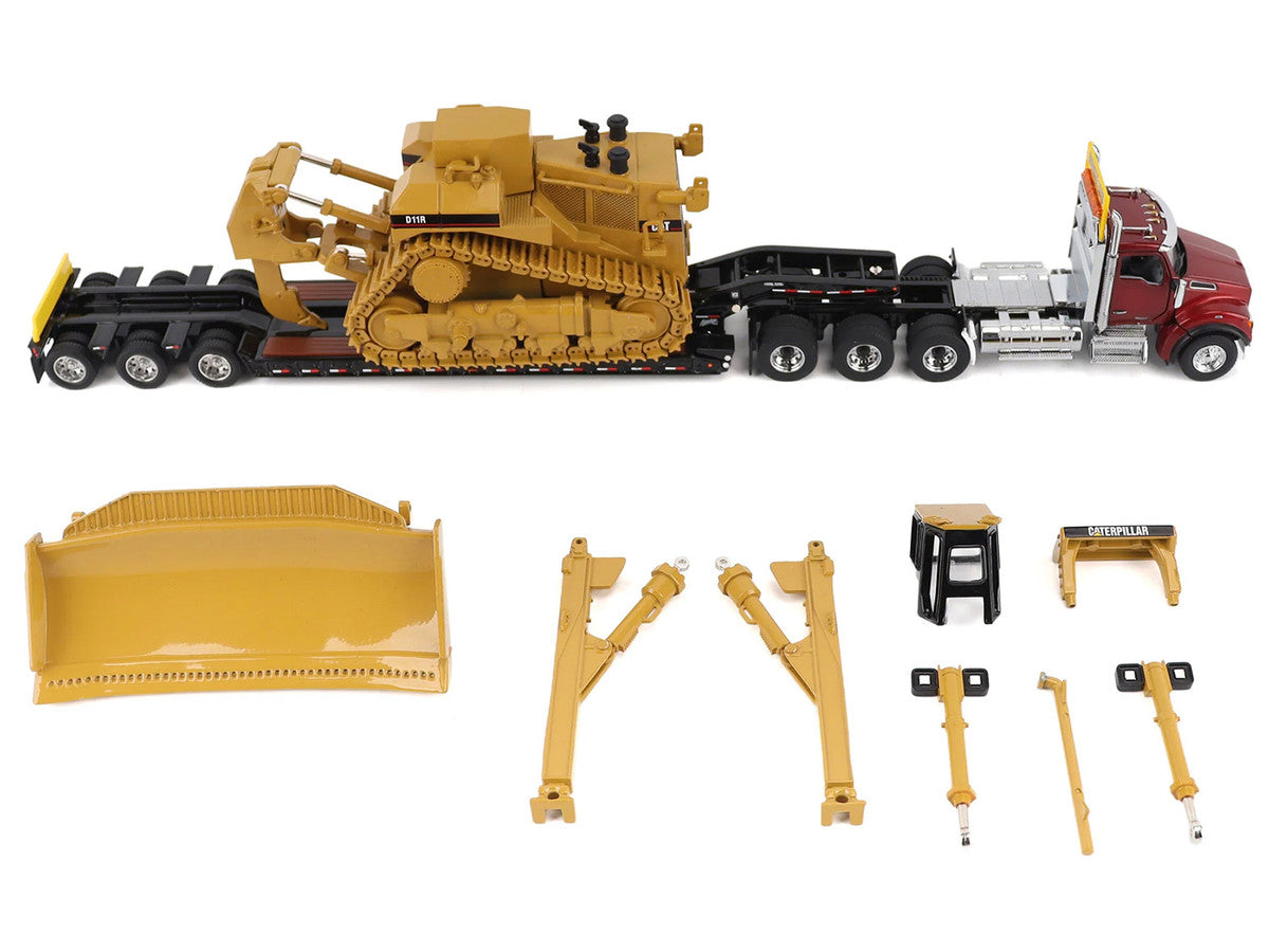 Kenworth T880 Day Cab Red and Trail King TK120 Lowboy Trailer with CAT Caterpillar D11R Dozer and Components Load "Transport Series" 1/50 Diecast Model by Diecast Masters by Diecast Masters