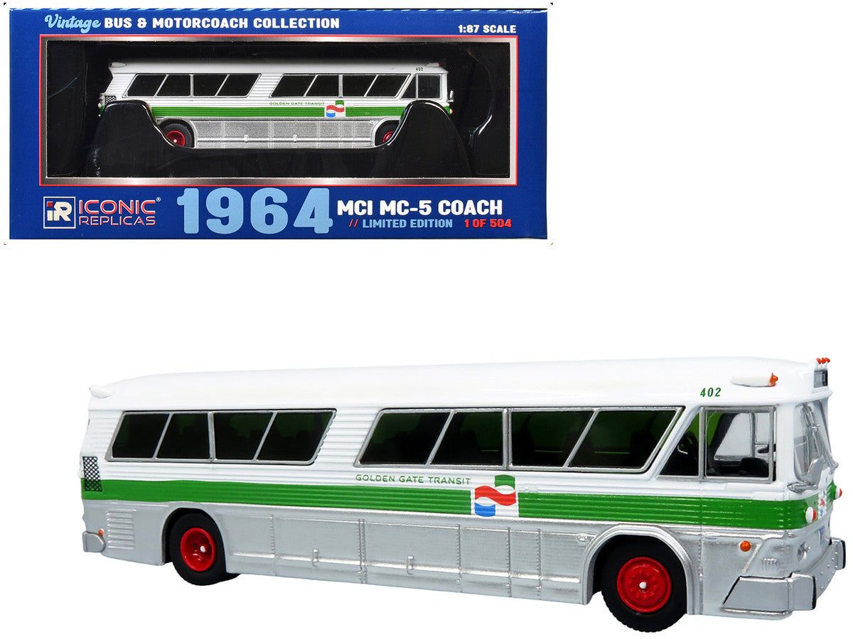 1964 MCI MC-5A Coach Bus "Golden Gate Transit" White with Green Stripes "Vintage Bus & Motorcoach Collection" Limited Edition to 504 pieces Worldwide 1/87 (HO) Diecast Model by Iconic Replicas by Iconic Replicas