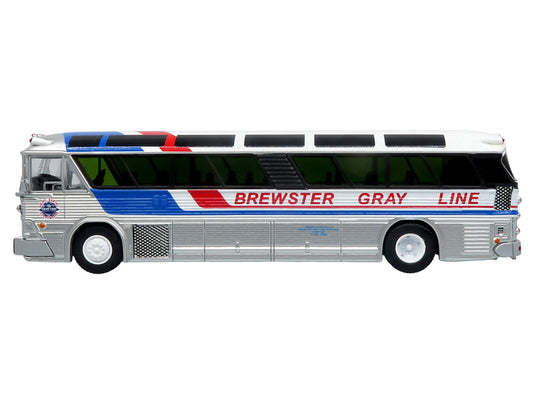 1964 MCI MC-5A Coach Bus "Brewster Gray Line" Silver with Blue and Red Stripes "Vintage Bus & Motorcoach Collection" Limited Edition to 504 pieces Worldwide 1/87 (HO) Diecast Model by Iconic Replicas by Iconic Replicas