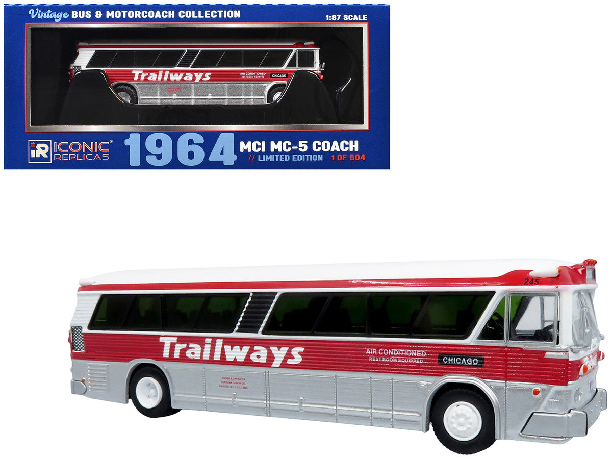 1964 MCI MC-5A Coach Bus "Trailways Chicago" White with Red Stripes "Vintage Bus & Motorcoach Collection" Limited Edition to 504 pieces Worldwide 1/87 (HO) Diecast Model by Iconic Replicas by Iconic Replicas