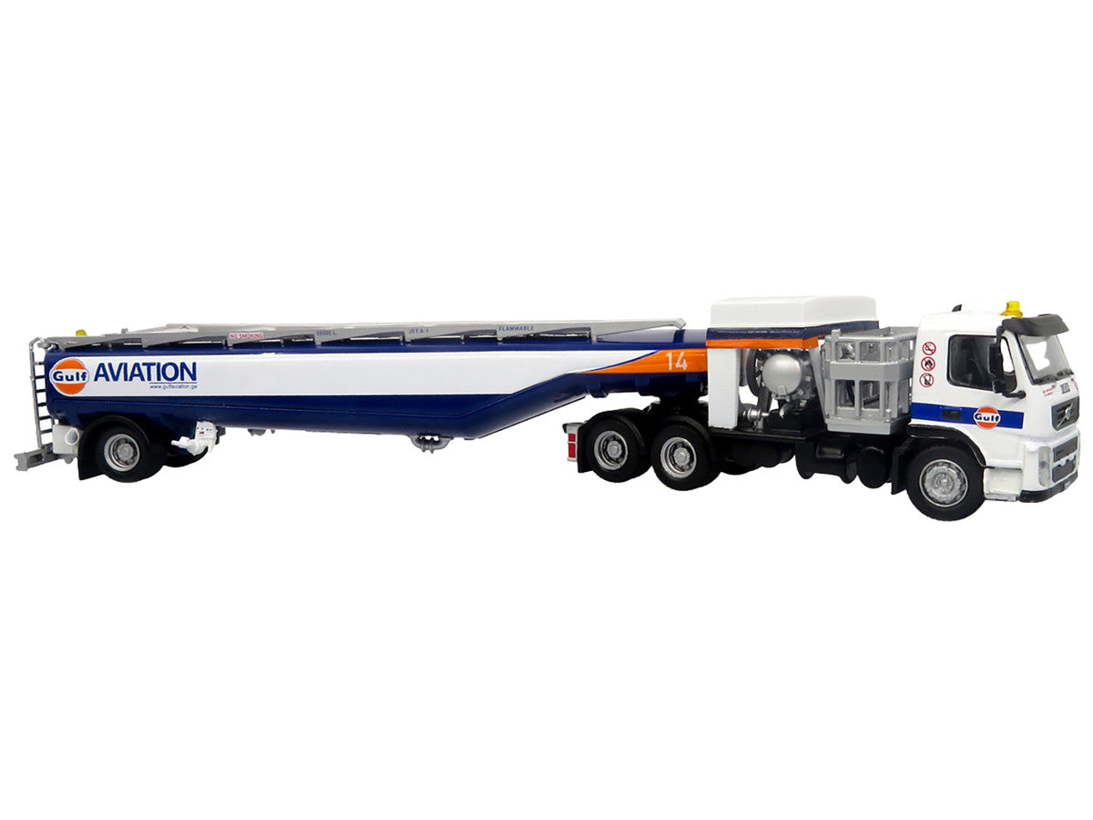 Volvo FM500 with Esterer Aviation Refueling Tanker Truck "Gulf Aviation" White with Blue Stripes Limited Edition 1/87 (HO) Diecast Model by Iconic Replicas by Iconic Replicas