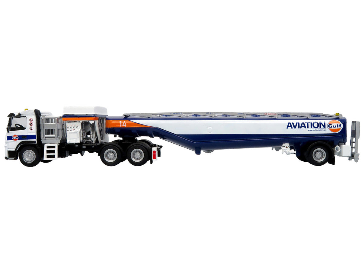 Volvo FM500 with Esterer Aviation Refueling Tanker Truck "Gulf Aviation" White with Blue Stripes Limited Edition 1/87 (HO) Diecast Model by Iconic Replicas by Iconic Replicas