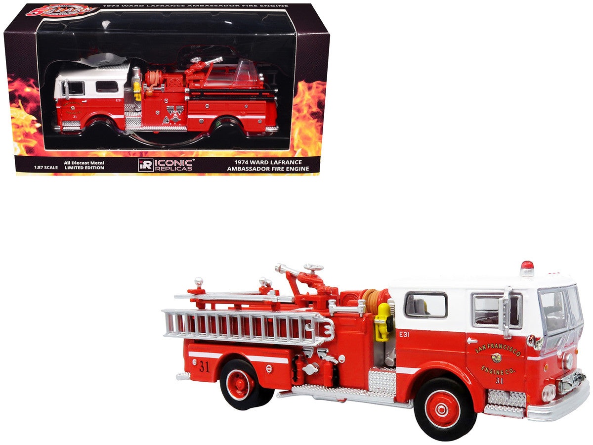 1974 Ward LaFrance Fire Engine "San Francisco Fire Department – Engine 31" Red with White Top "5 Alarm" Series Limited Edition 1/87 (HO) Diecast Model by Iconic Replicas by Iconic Replicas