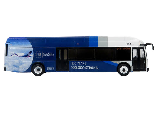 New Flyer Xcelsior XN40 Transit Bus "Delta Air Lines 100th Anniversary" Blue and White with Graphics "The Bus & Motorcoach Collection" Limited Edition 1/87 (HO) Scale Diecast Model by Iconic Replicas by Iconic Replicas