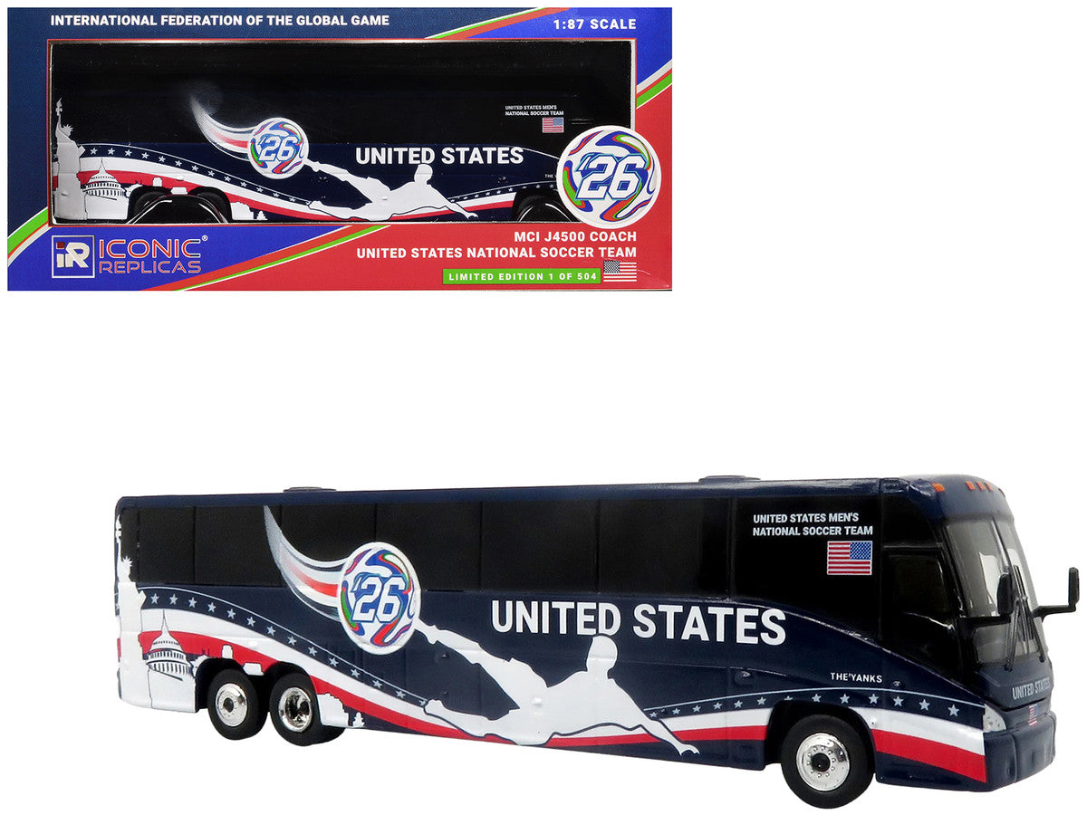 MCI J4500 Coach Bus "United States National Soccer Team" Dark Blue with Graphics "International Federation of the Global Game" Series Limited Edition to 504 pieces Worldwide 1/87 (HO) Diecast Model by Iconic Replicas by Iconic Replicas