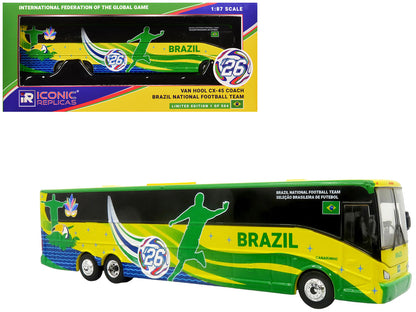 Van Hool CX-45 Coach Bus "Brazil National Football Team" Yellow and Green with Graphics "International Federation of the Global Game" Series Limited Edition to 504 pieces Worldwide 1/87 (HO) Diecast Model by Iconic Replicas by Iconic Replicas