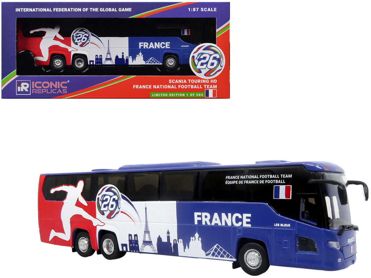 Scania Touring HD Coach Bus "France National Football Team" Blue with Graphics "International Federation of the Global Game" Series Limited Edition to 504 pieces Worldwide 1/87 (HO) Diecast Model by Iconic Replicas by Iconic Replicas