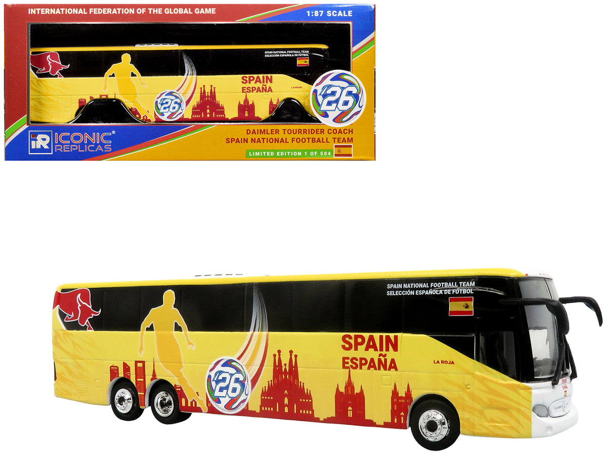 Daimler Tourrider Coach Bus "Spain National Football Team" Yellow with Graphics "International Federation of the Global Game" Series Limited Edition to 504 pieces Worldwide 1/87 (HO) Diecast Model by Iconic Replicas by Iconic Replicas