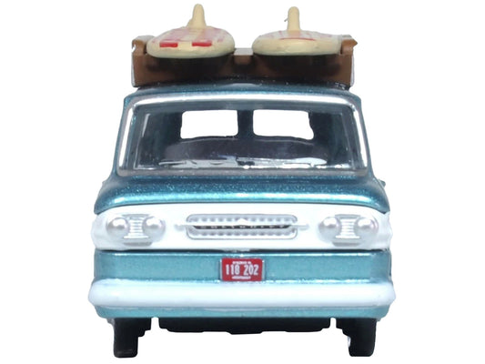 1961 Chevrolet Corvair Greenbrier Passenger Wagon Van Turquoise Metallic and Cameo White with Surfboards on Roof 1/87 (HO) Scale Diecast Model Car by Oxford Diecast by Oxford Diecast