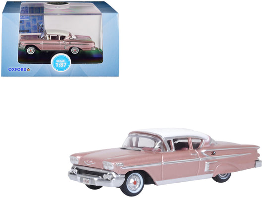 1958 Chevrolet Impala Sport Cay Coral Pink Metallic with White Top 1/87 (HO) Scale Diecast Model Car by Oxford Diecast by Oxford Diecast