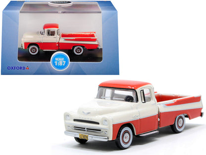1957 Dodge D100 Sweptside Pickup Truck Tropical Coral and Glacier White 1/87 (HO) Scale Diecast Model Car by Oxford Diecast by Oxford Diecast