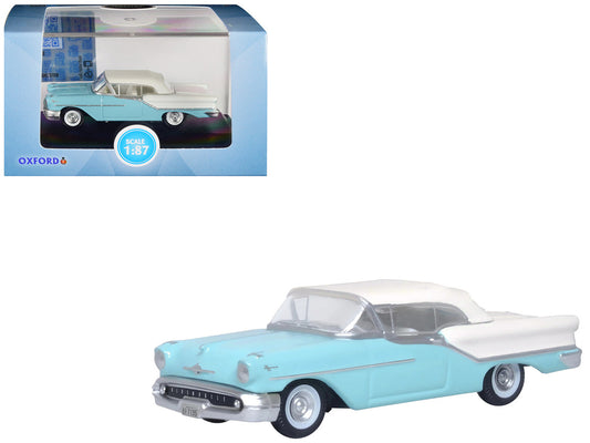 1957 Oldsmobile 88 Convertible (Top-Up) Banff Blue and Alcan White with White 1/87 (HO) Scale Diecast Model Car by Oxford Diecast by Oxford Diecast
