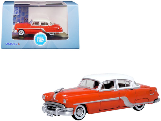1954 Pontiac Chieftain 4 Door Coral Red with Winter White Top 1/87 (HO) Scale Diecast Model Car by Oxford Diecast by Oxford Diecast