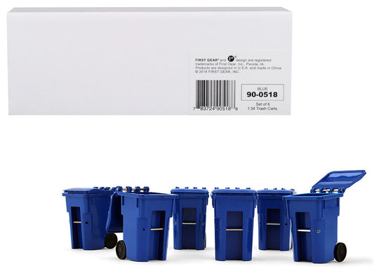 Set of 6 Blue Garbage Trash Bin Containers Replica 1/34 Models by First Gear by First Gear