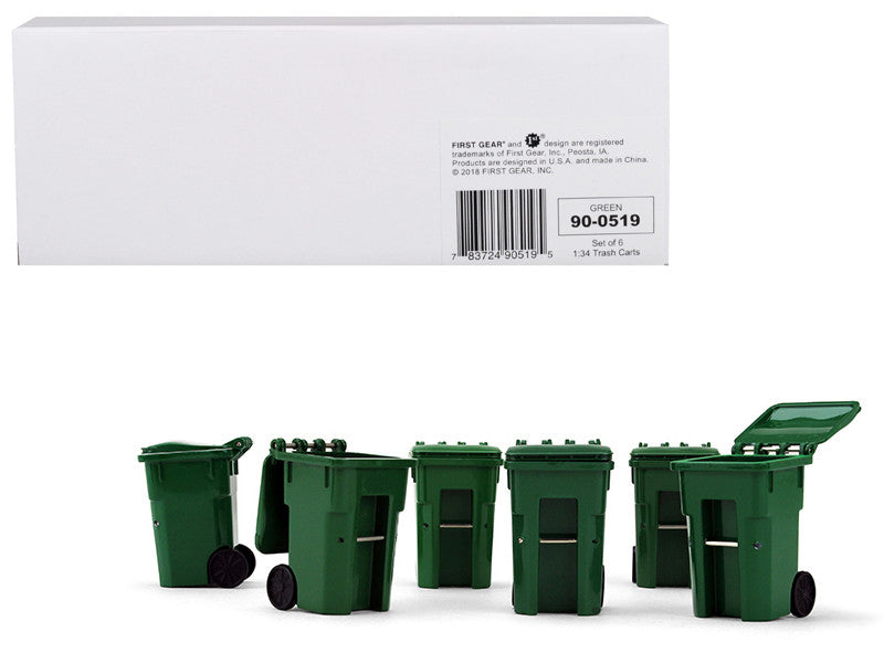 Set of 6 Green Garbage Trash Bin Containers Replica 1/34 Models by First Gear by First Gear