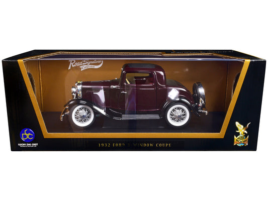 1932 Ford 3-Window Coupe Burgundy with Black Top 1/18 Diecast Model Car by Road Signature by Road Signature