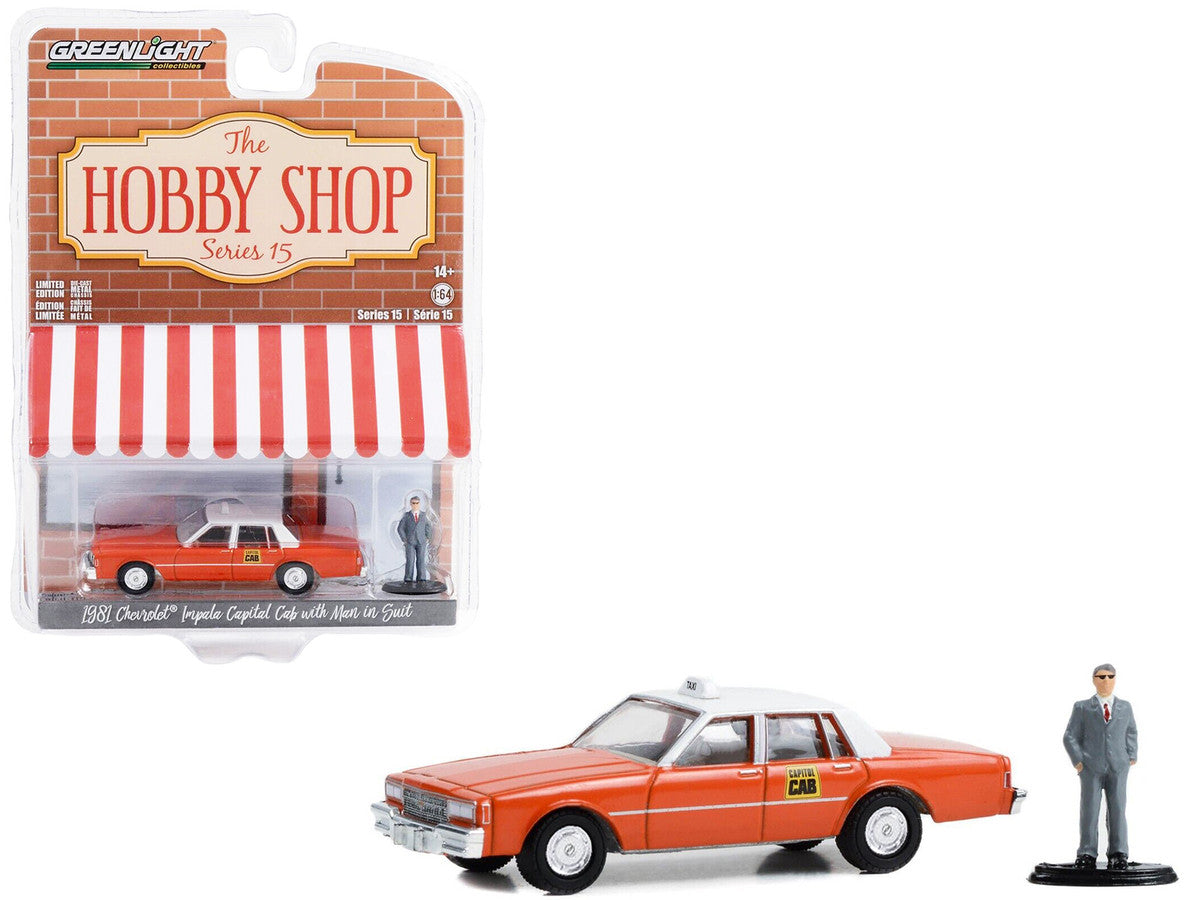1981 Chevrolet Impala "Capitol Cab" Taxi Orange with White Top and Man in Suit Figure "The Hobby Shop" Series 15 1/64 Diecast Model Car by Greenlight by Greenlight