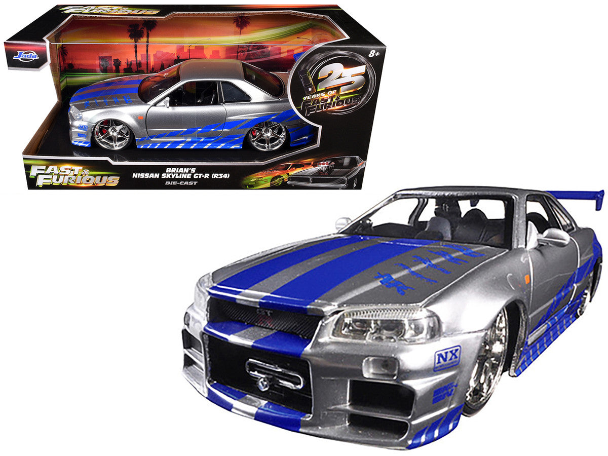 Brian's Nissan GTR Skyline R34 RHD (Right Hand Drive) Silver with Blue Stripes "Fast & Furious 25th Anniversary" 1/24 Diecast Model Car by Jada by Jada