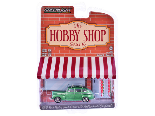 1946 Ford Fordor Super Deluxe Green Metallic with White Interior and Roof Rack with Surfboards "The Hobby Shop" Series 16 1/64 Diecast Model Car by Greenlight by Greenlight