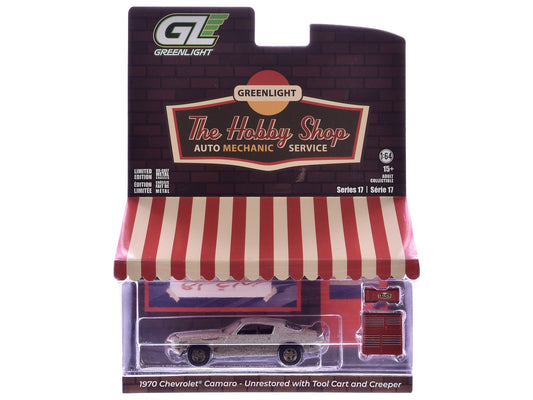 1970 Chevrolet Camaro Cortez Silver (Unrestored) with Tool Cart and Creeper "The Hobby Shop" Series 17 1/64 Diecast Model Car by Greenlight by Greenlight