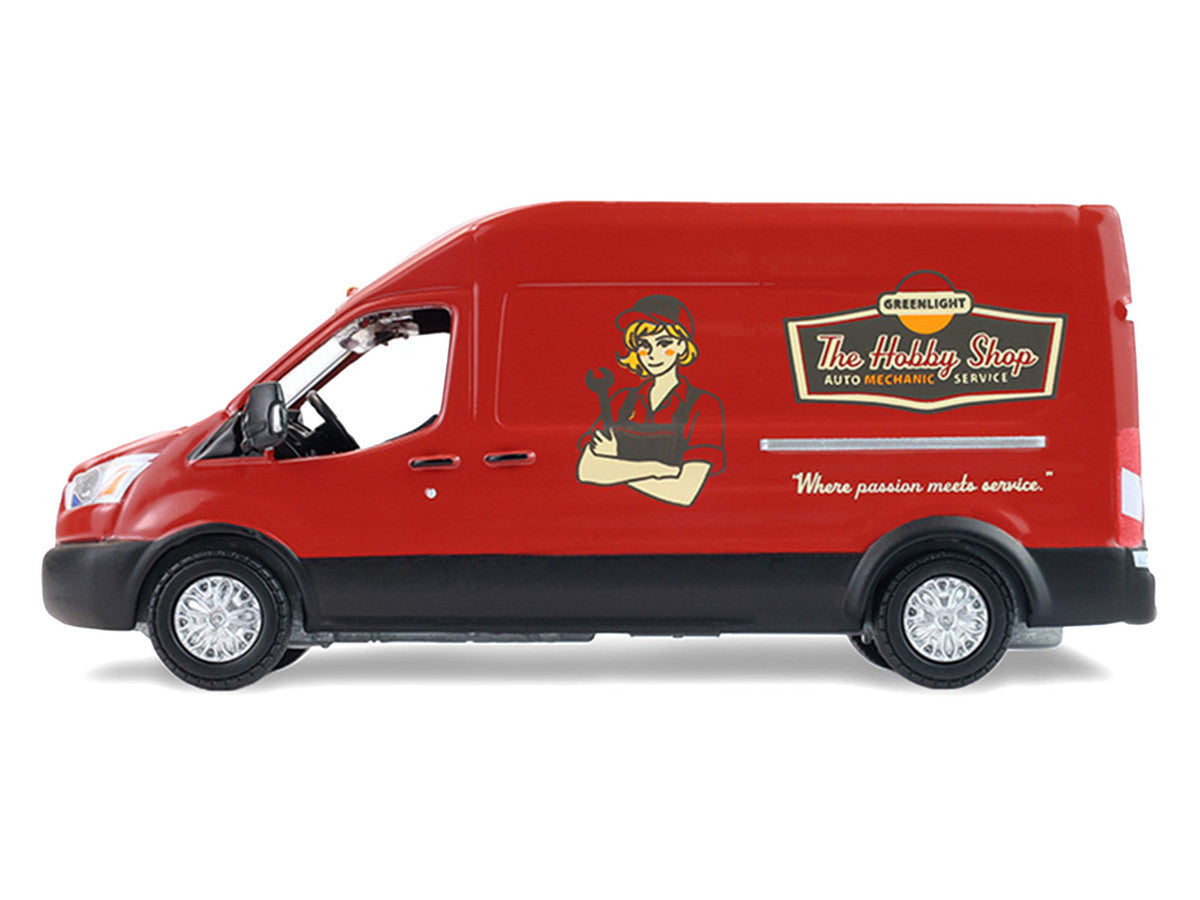 2019 Ford Transit LWB High Roof Van "Hobby Shop Auto Mechanic - Mobile Mechanic" Red with Car Jack and Battery "The Hobby Shop" Series 17 1/64 Diecast Model Car by Greenlight by Greenlight