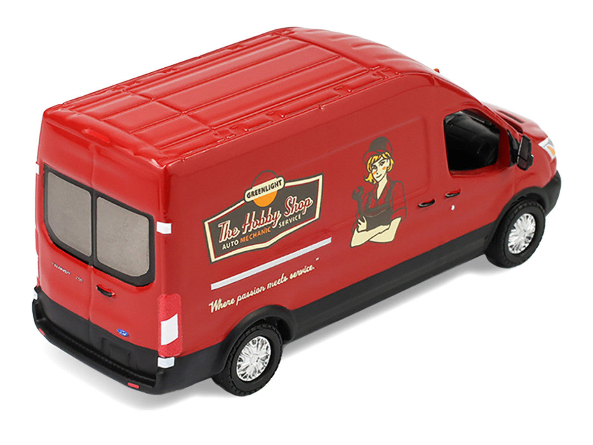 2019 Ford Transit LWB High Roof Van "Hobby Shop Auto Mechanic - Mobile Mechanic" Red with Car Jack and Battery "The Hobby Shop" Series 17 1/64 Diecast Model Car by Greenlight by Greenlight