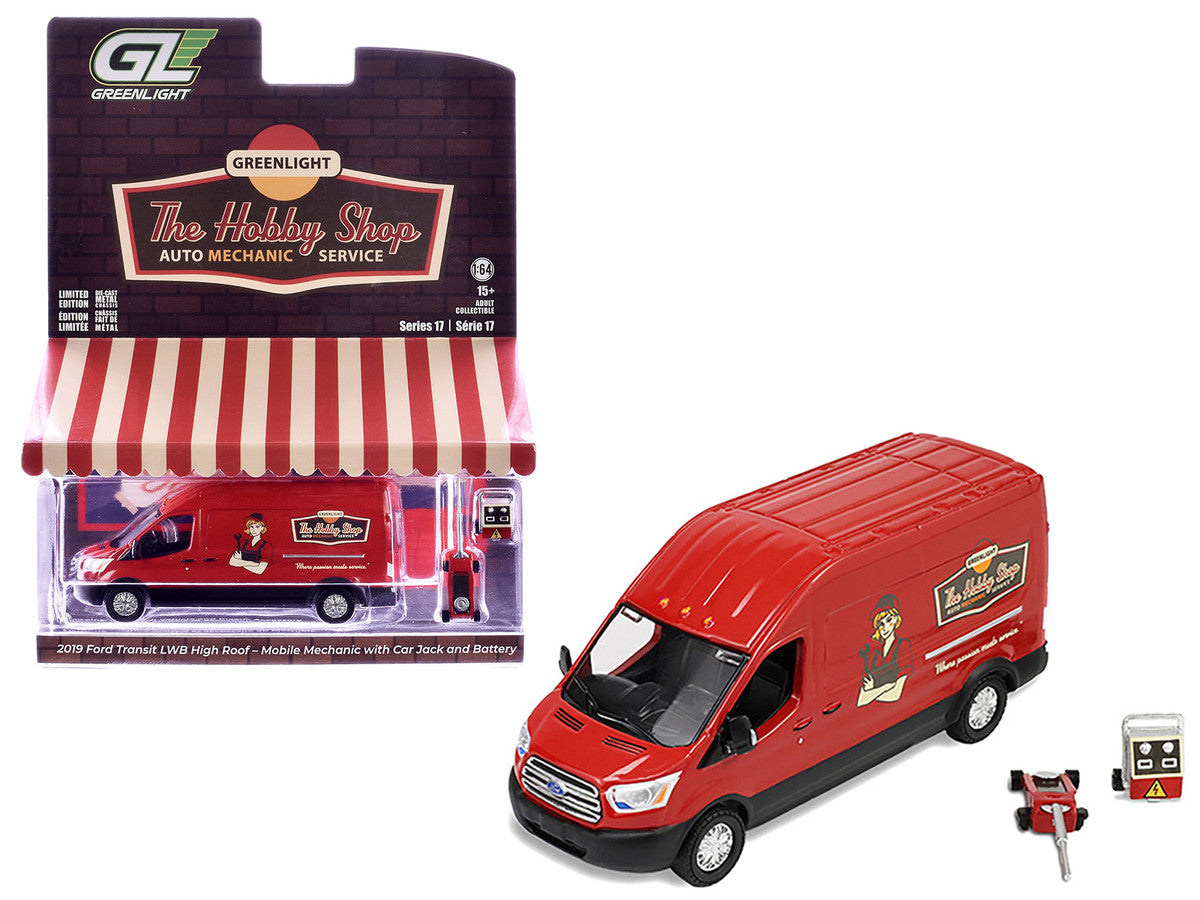 2019 Ford Transit LWB High Roof Van "Hobby Shop Auto Mechanic - Mobile Mechanic" Red with Car Jack and Battery "The Hobby Shop" Series 17 1/64 Diecast Model Car by Greenlight by Greenlight