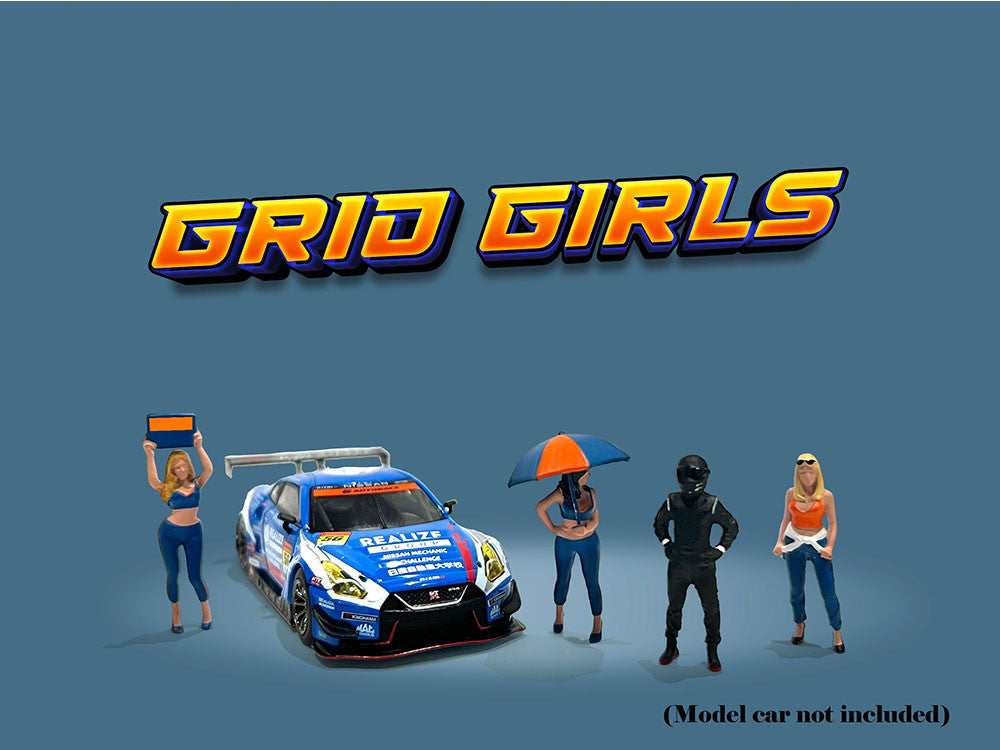 "Grid Girls" 5 piece Diecast Figure Set (4 People Figures 1 Umbrella) Limited Edition to 3600 pieces Worldwide for 1/64 Scale Models by American Diorama by American Diorama