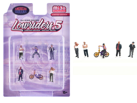 "Lowriders #5" 6 piece (5 People 1 Bicycle) Diecast Figures Set 1/64 Scale Models by American Diorama by American Diorama