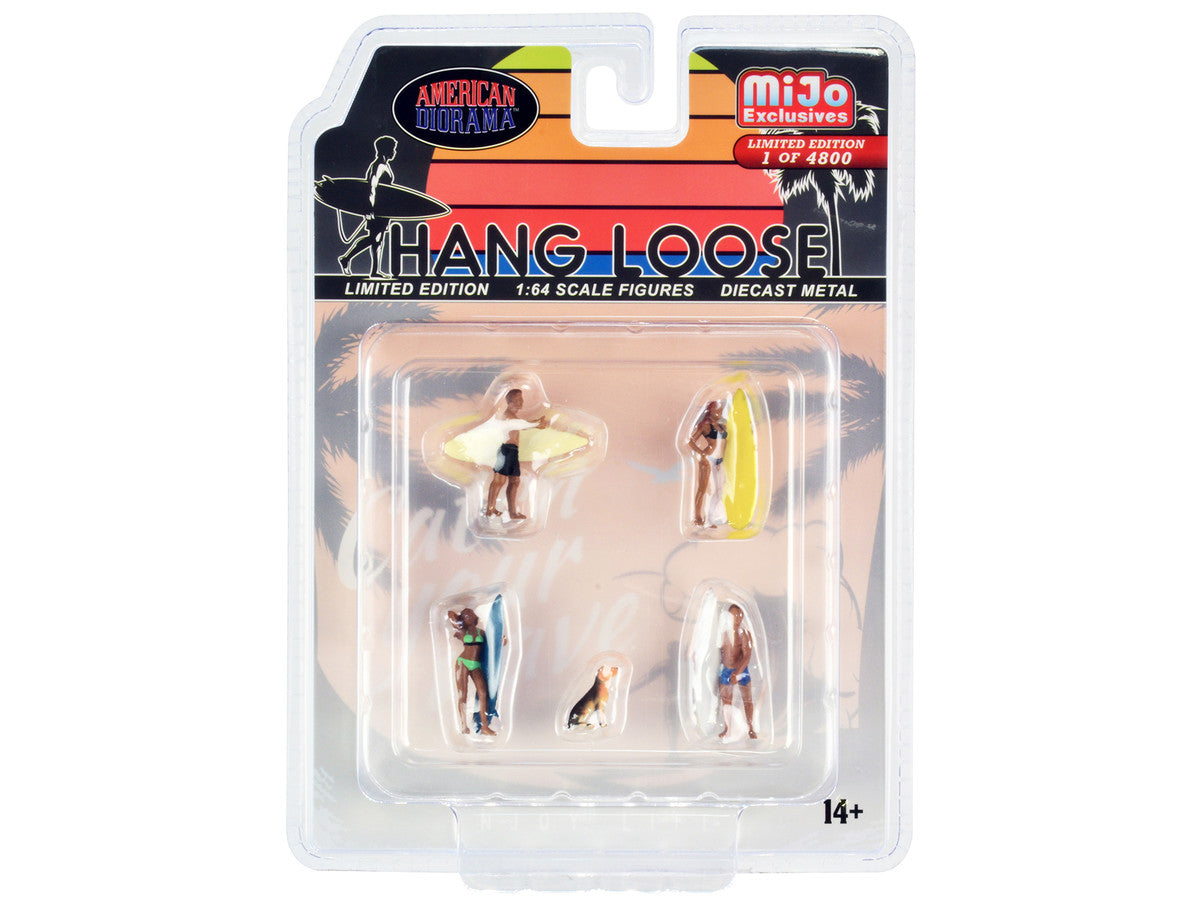 "Hang Loose" 5 piece Diecast Set (4 Surfer Figures and 1 Dog) Limited Edition to 4800 pieces Worldwide for 1/64 Scale Models by American Diorama by American Diorama