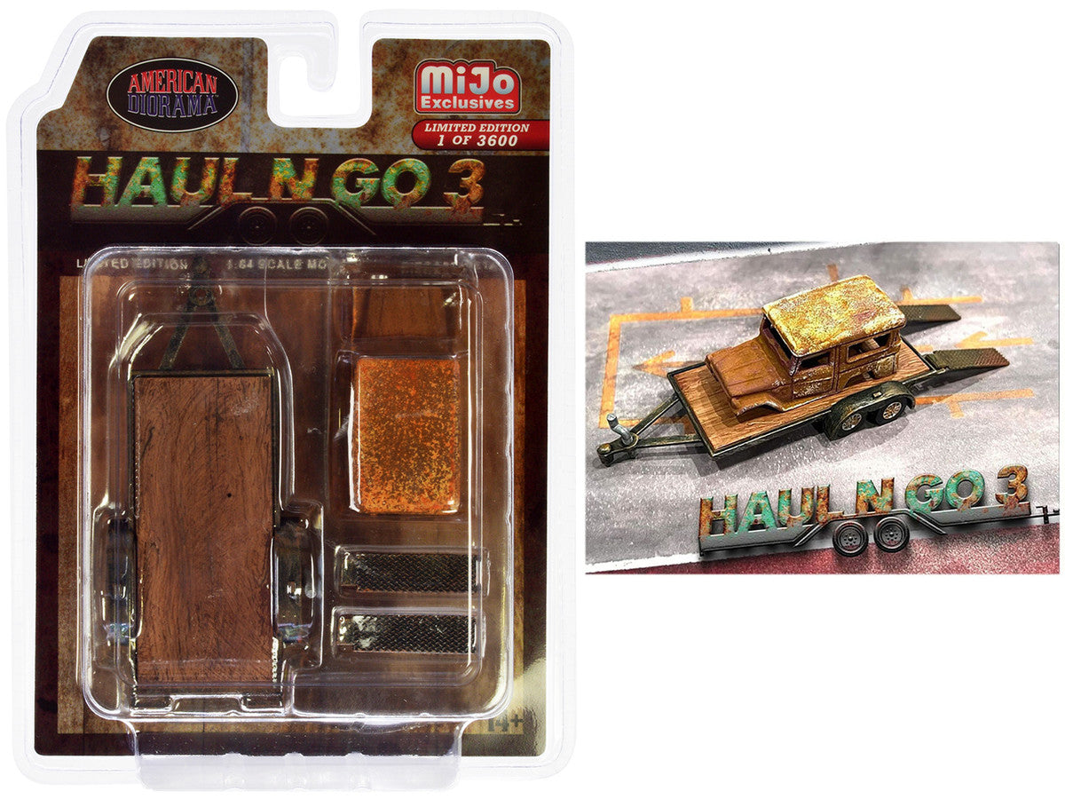 "Haul N Go 3" 4 piece Diecast Model Set (1 Flatbed Trailer 1 Abandoned Car 2 Ramps) Limited Edition to 3600 pieces Worldwide for 1/64 scale models by American Diorama by American Diorama