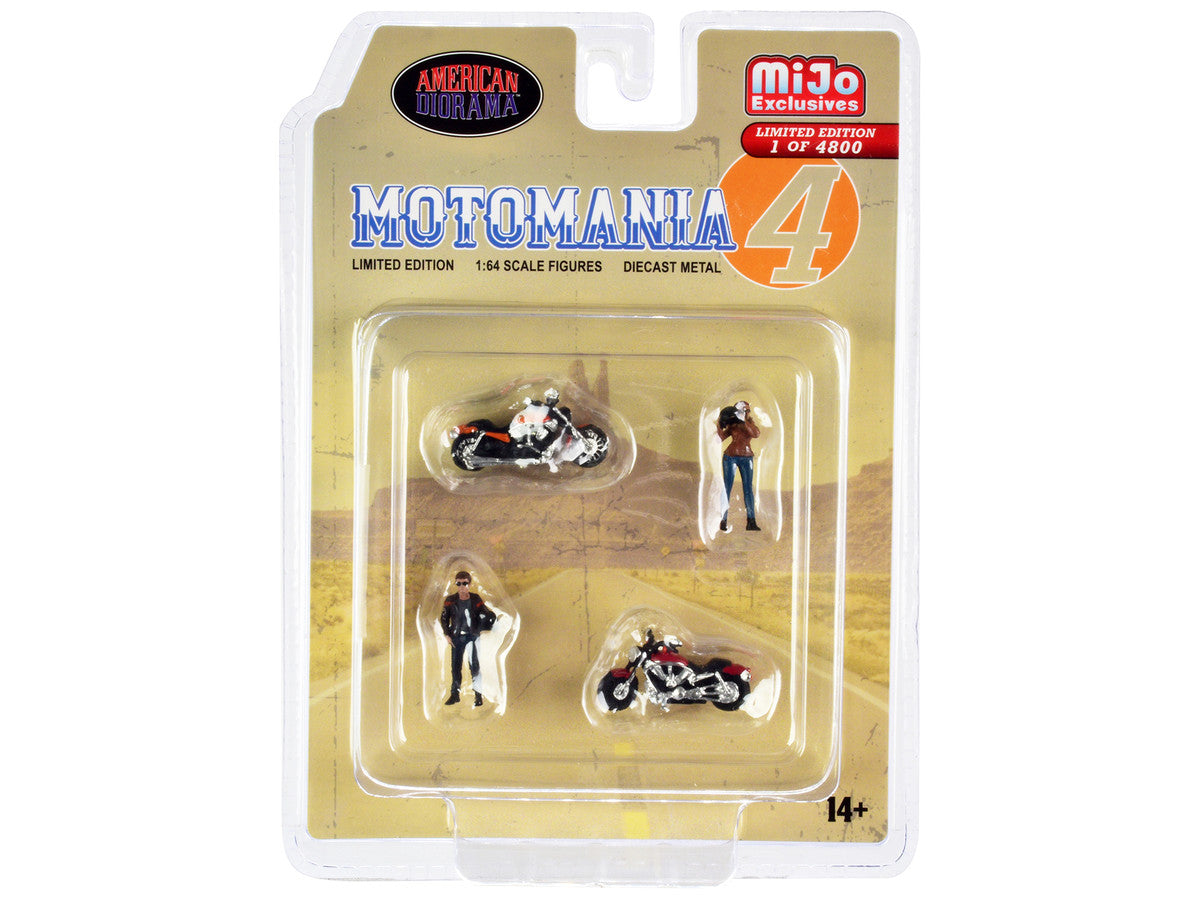 "Motomania 4" 4 piece Diecast Set (2 Figures and 2 Motorcycles) Limited Edition to 4800 pieces Worldwide 1/64 Scale Models by American Diorama by American Diorama