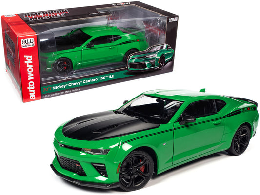 2017 Chevrolet Nickey Camaro SS 1LE Krypton Green with Matt Black Hood and Black Stripes 1/18 Diecast Model Car by Auto World by Autoworld